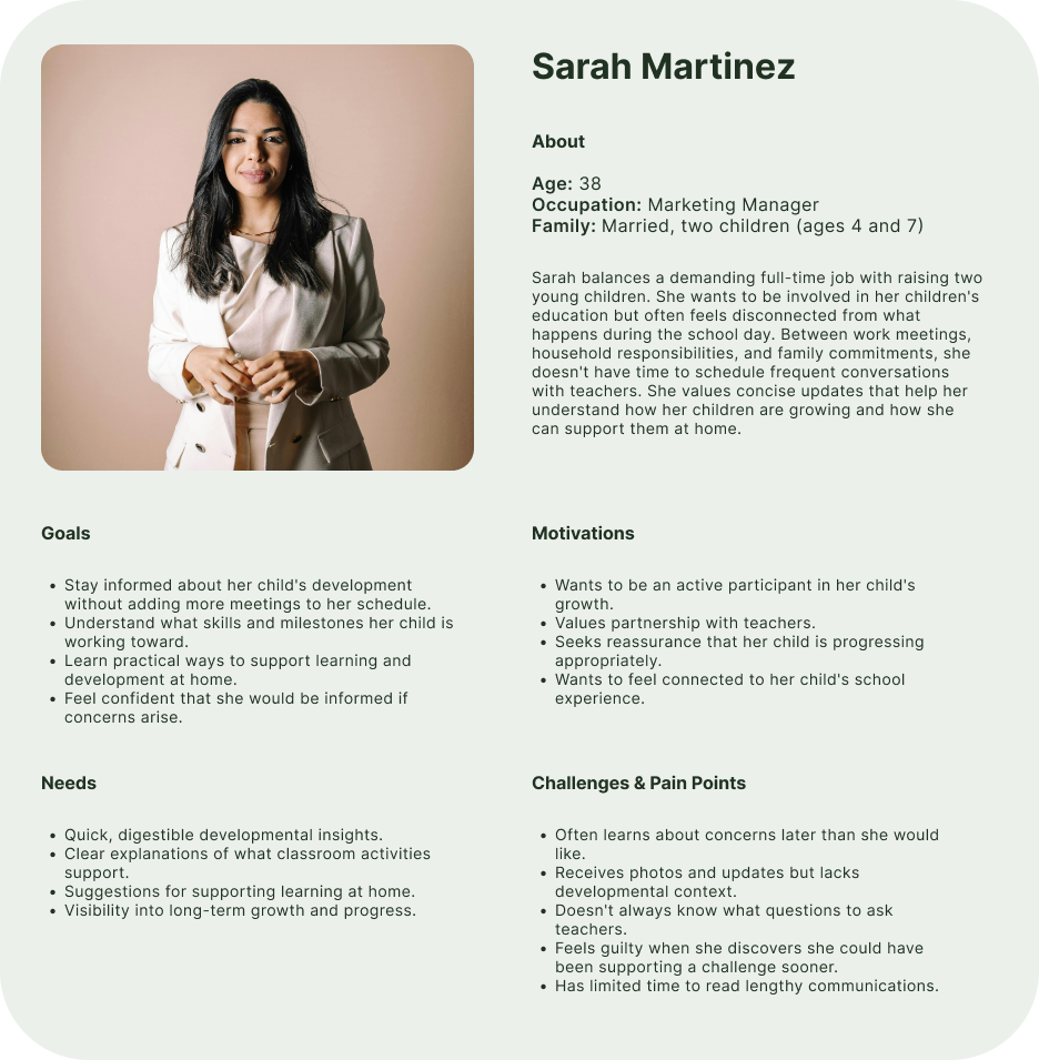 Professional profile of Sarah Martinez, a 38-year-old marketing manager, with a photo of her wearing a white blazer and smiling, hand on her waist, against a beige background, and a detailed description of her goals, motivations, needs, and challenges related to her child's development.