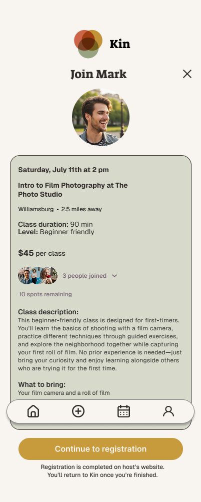 Mobile app screen showing registration for a film photography class at The Photo Studio, including class details, date, time, cost, and a photo of a smiling man.