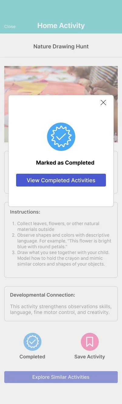Mobile app screen showing a completed home activity called 'Nature Drawing Hunt' with an overlay message stating 'Marked as Completed' and a blue button labeled 'View Completed Activities'.
