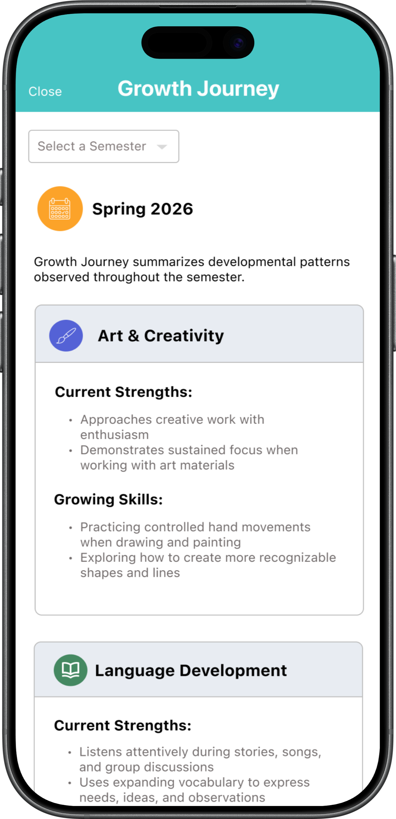 Mobile screen displaying a 'Growth Journey' app with sections on Spring 2026, Art & Creativity, and Language Development, detailing developmental patterns, strengths, and skills.