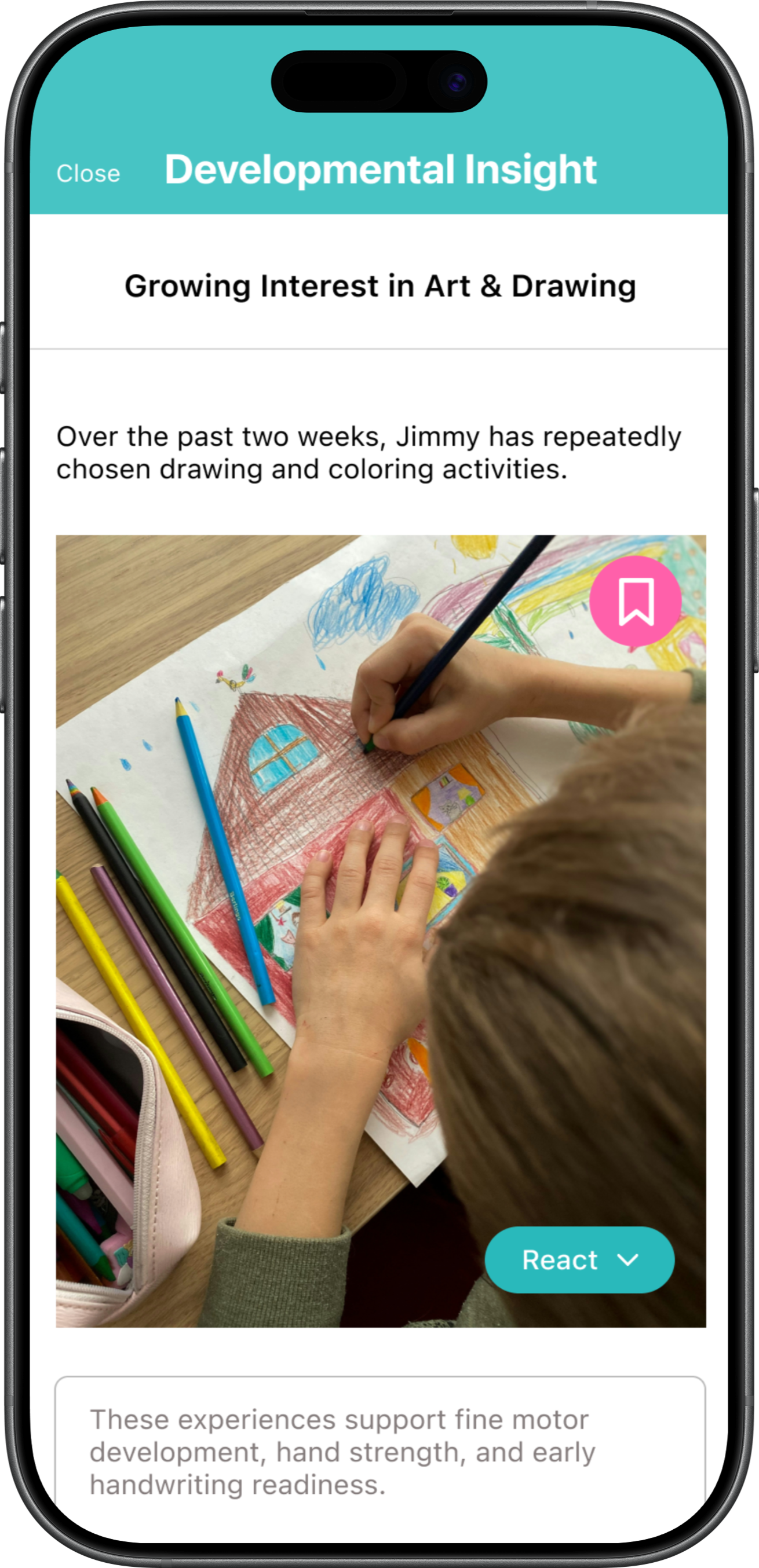 Child coloring a house with crayons on a piece of paper, surrounded by colored markers and a pencil case.