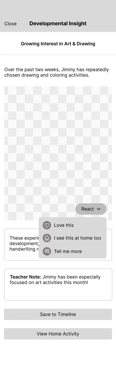 Mobil app screen titled "Developmental Insight" with section "Growing Interest in Art & Drawing," showing a message about a child's drawing activities, a teacher note, and buttons for saving, viewing activity, and reactions.