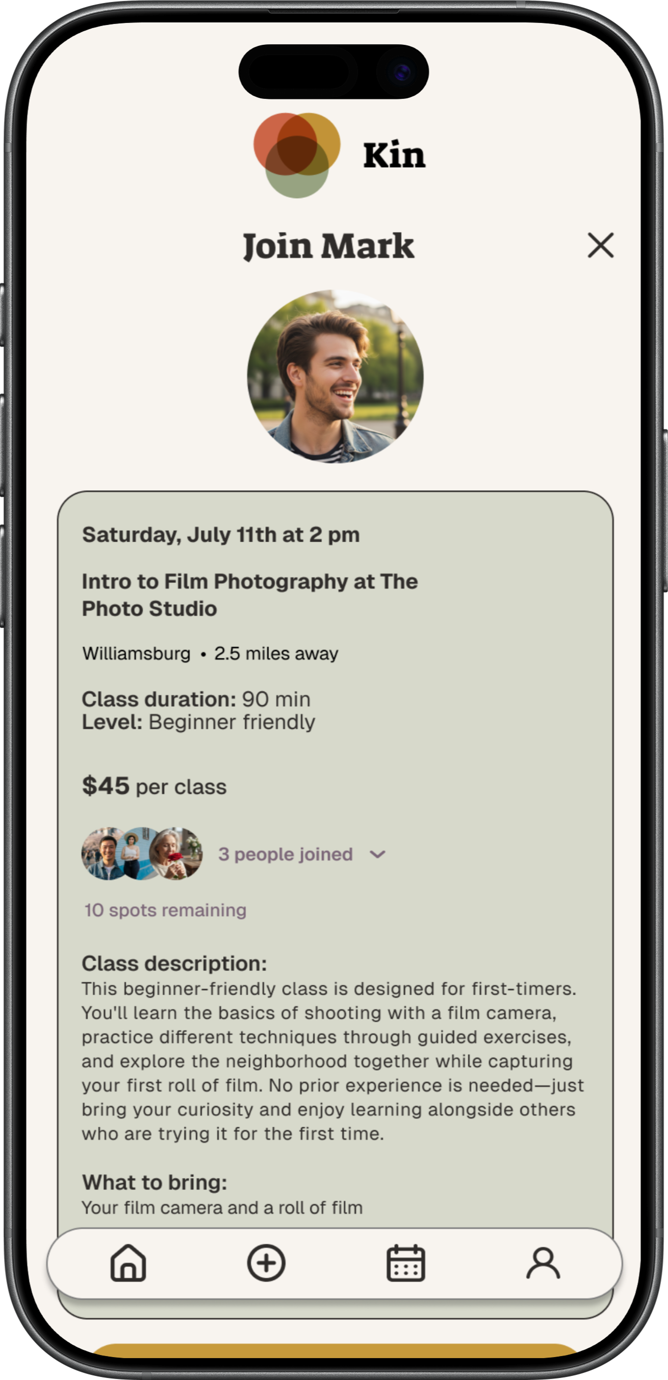Screenshot of a mobile app displaying an event page for a film photography class titled 'Intro to Film Photography at The Photo Studio,' scheduled for Saturday, July 11th at 2 pm in Williamsburg, with a cost of $45 per class, led by a smiling man in outdoor setting, showing class details, recent participants, and navigation icons at the bottom.
