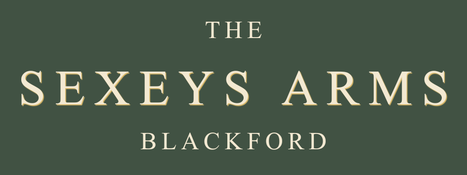 Green background with beige text that reads 'The Sexeys Arms Blackford' in a stylized font.