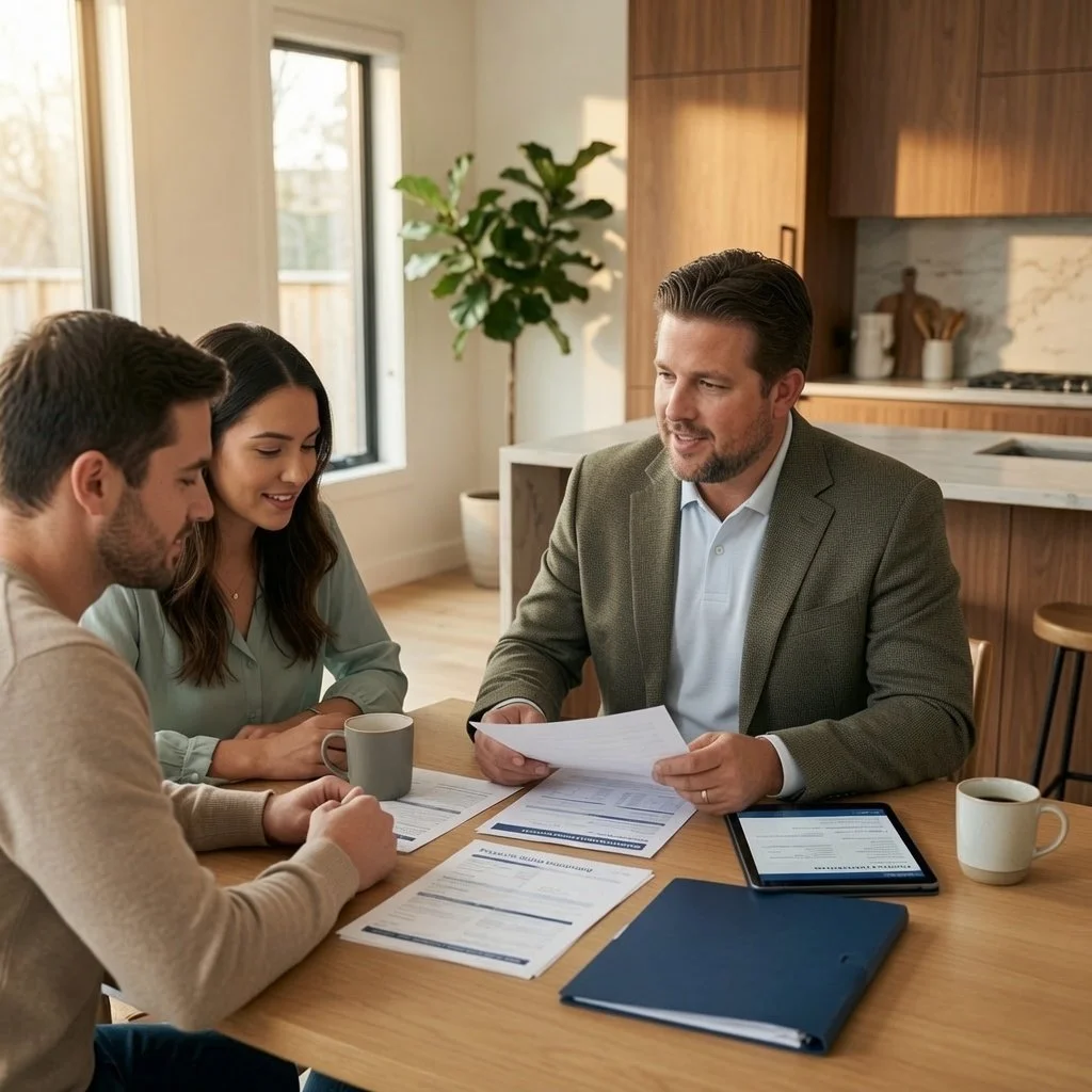 A man in a gray blazer meeting with a young couple at a wooden table in a bright kitchen, discussing documents. There are two mugs, a tablet, and a blue folder on the table.