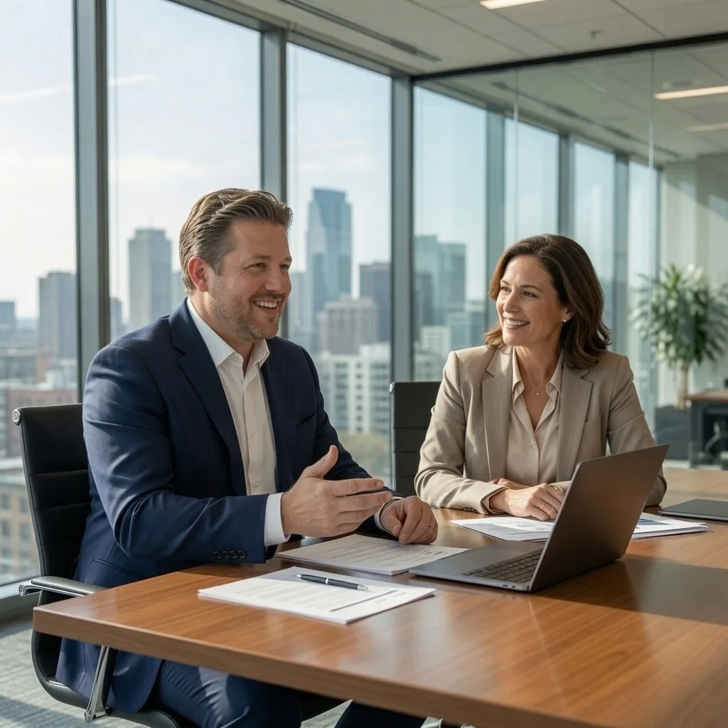 Two professionals, a man and a woman, in business attire, sitting at a conference table in a modern office with large windows and a city skyline view, engaged in conversation and smiling.