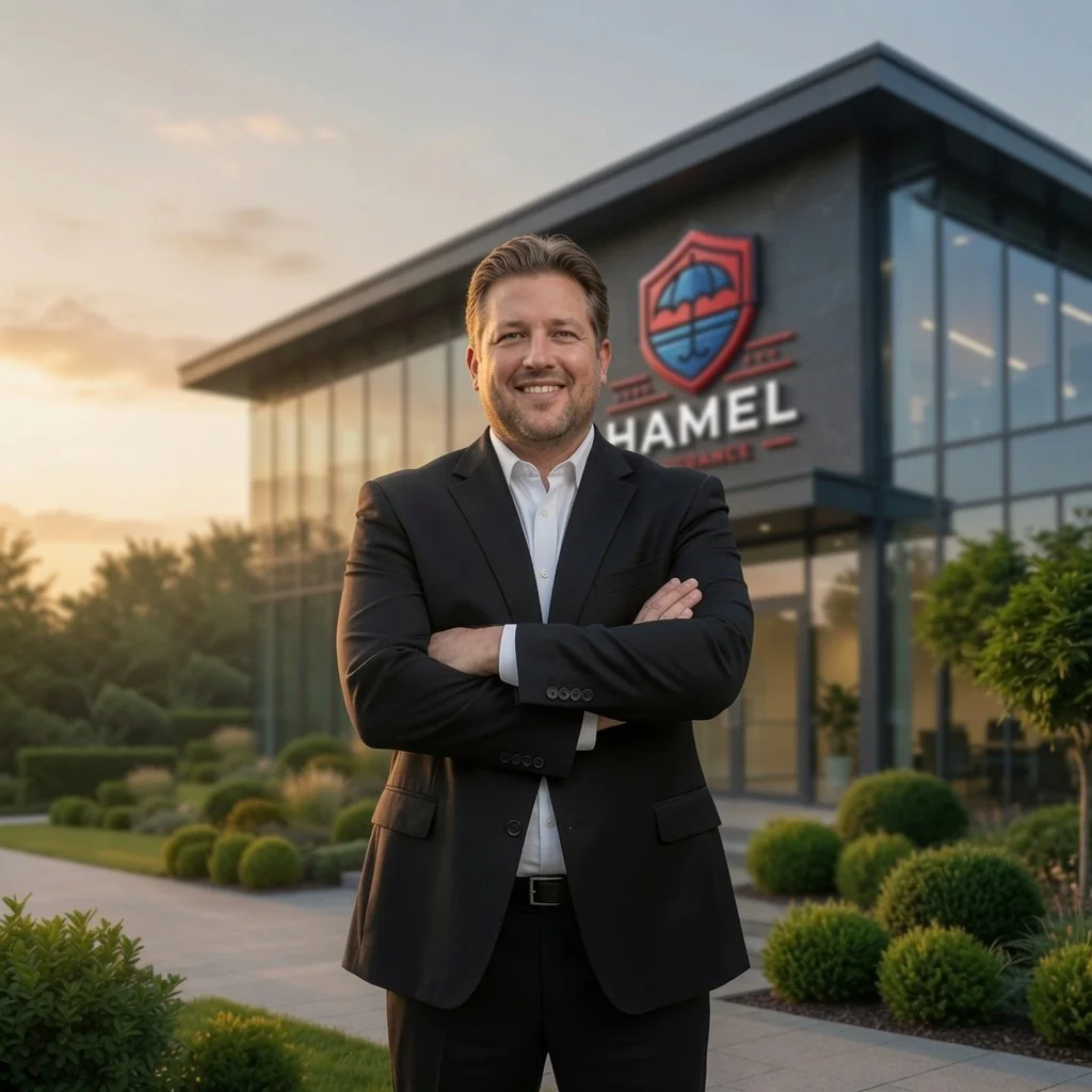 A man in a black suit standing outside a modern office building with a glass facade and a logo that reads 'Chamel' with a shield and umbrella design, during sunset.