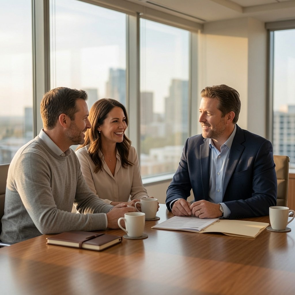 Three business professionals, two men and one woman, sitting at a table in a high-rise office with large windows and city view, engaged in a meeting or discussion with coffee mugs and documents.