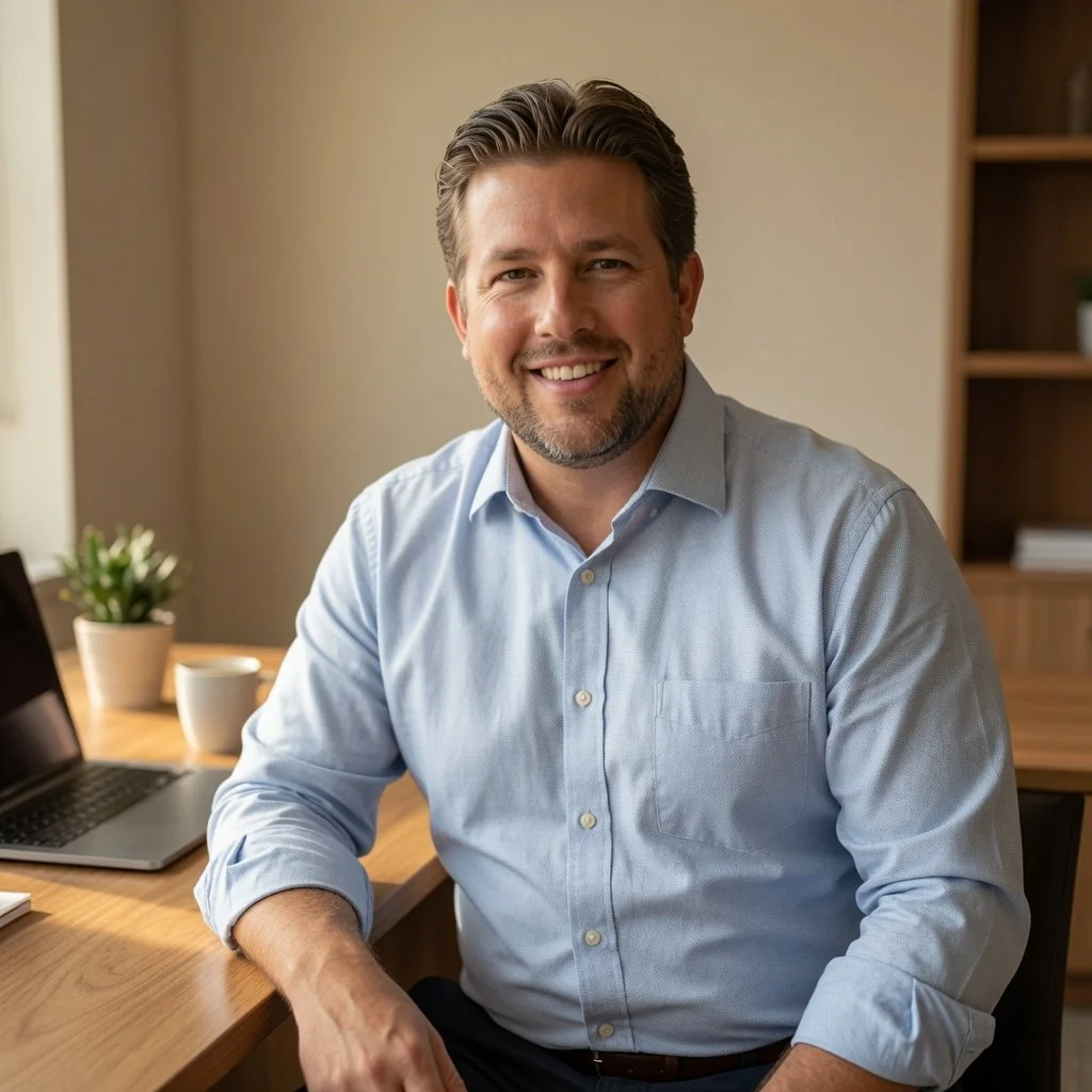 A smiling man in a light blue dress shirt sitting at a wooden desk with a laptop, plant, and coffee mug in a home office setting.