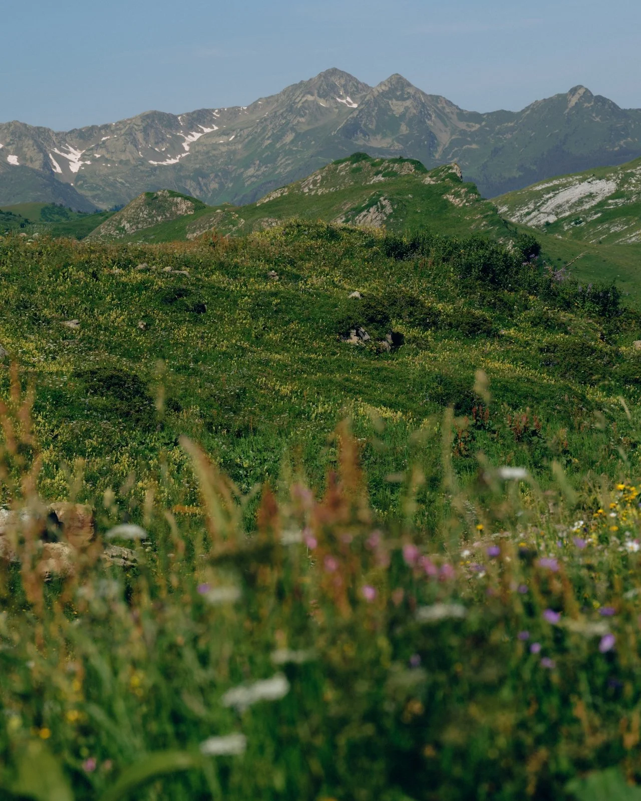 Mountain landscape with green hills, rocky peaks, and snow patches under a blue sky.