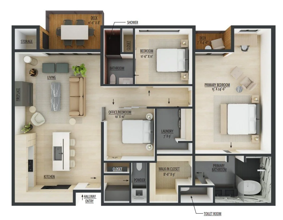 Floor plan of a house showing various rooms including kitchen, living room, two bedrooms, two bathrooms, laundry, office/bedroom, storage, and multiple decks.