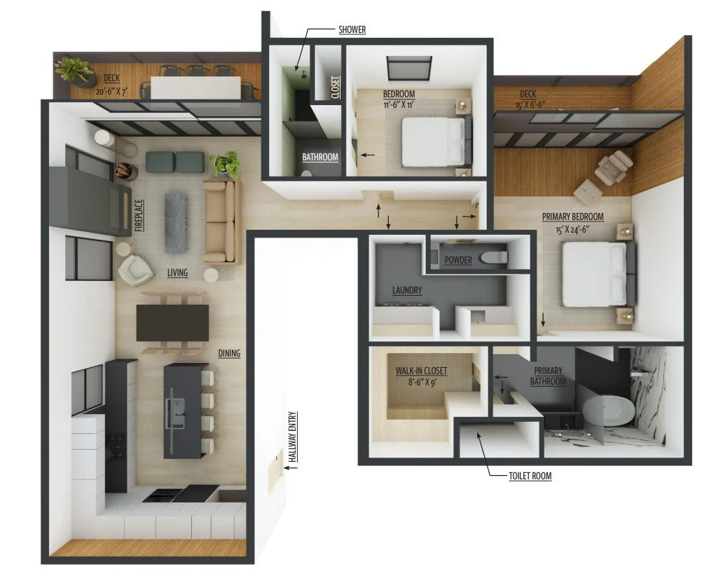 Floor plan of an apartment with living room, dining area, kitchen, two bedrooms, two decks, two bathrooms, a walk-in closet, laundry, powder room, and shower area.