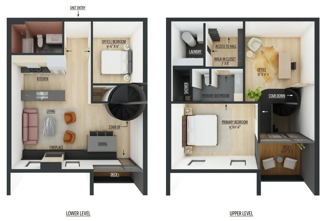 Floor plan of a two-story house with labeled rooms. The lower level includes a living room with a fireplace, kitchen, dining area, a small office/bedroom, bathroom, and deck. The upper level features a primary bedroom with a walk-in closet, primary b