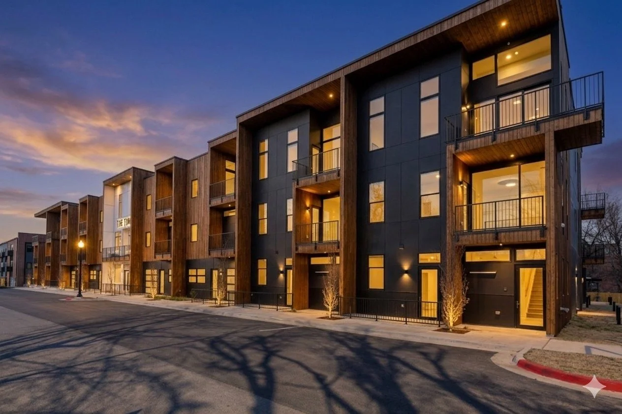 Modern multi-story apartment complex at dusk with illuminated windows and balconies, trees lining the sidewalk, and a streetlamp.