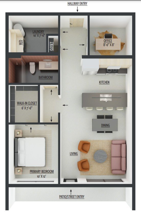 Floor plan of a house showing hallway entry leading to various rooms including the primary bedroom, bathroom, laundry, office, kitchen, dining, living room, and a patio/street entry.