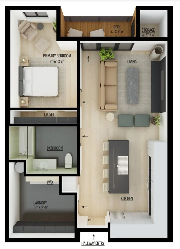 Floor plan showing a one-bedroom apartment with a hallway entry leading to an open kitchen and living area. The kitchen has a large island with four bar stools, and the living room features a sofa, two chairs, and a coffee table. There is a primary b