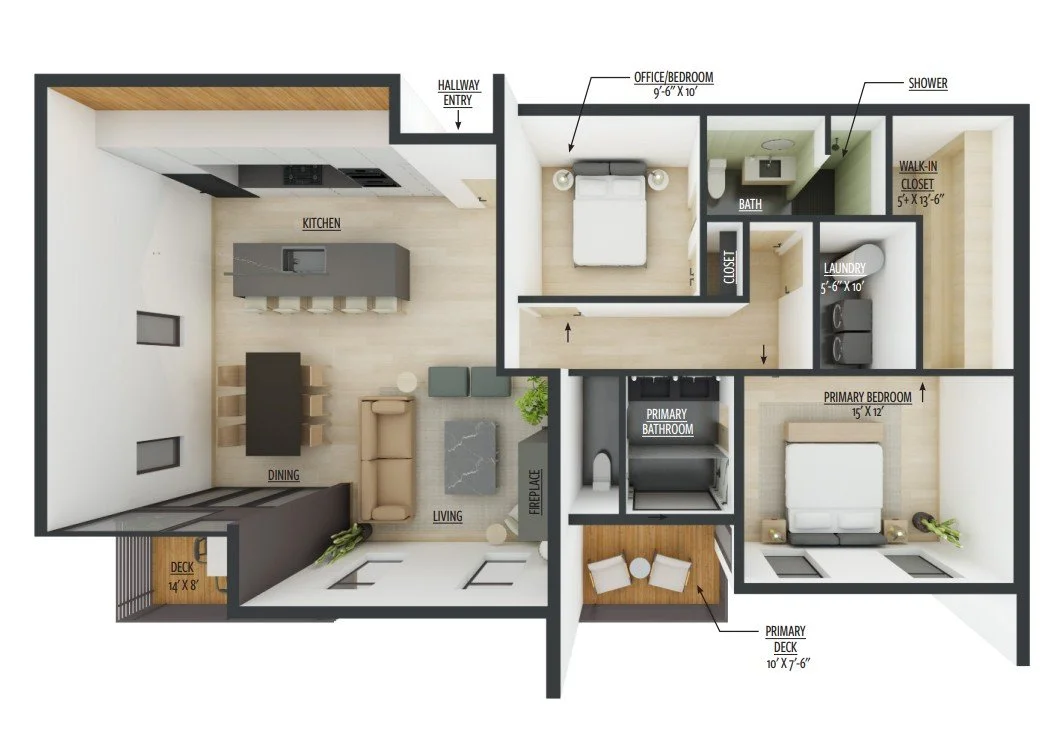 Floor plan of an apartment with two bedrooms, two bathrooms, a living room, kitchen, dining area, laundry, walk-in closet, and two decks.