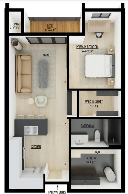 Floor plan of a small apartment with labeled rooms, including a hallway entry, kitchen, laundry, bathroom, walk-in closet, primary bedroom, living area, deck, and storage.