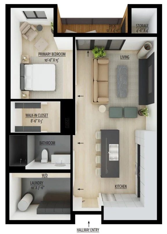 Floor plan of an apartment with a hallway entry leading into a kitchen and living room. The primary bedroom includes a bed and a deck with a storage closet. Adjacent to the bedroom is a walk-in closet, bathroom, laundry area, and a living space with 