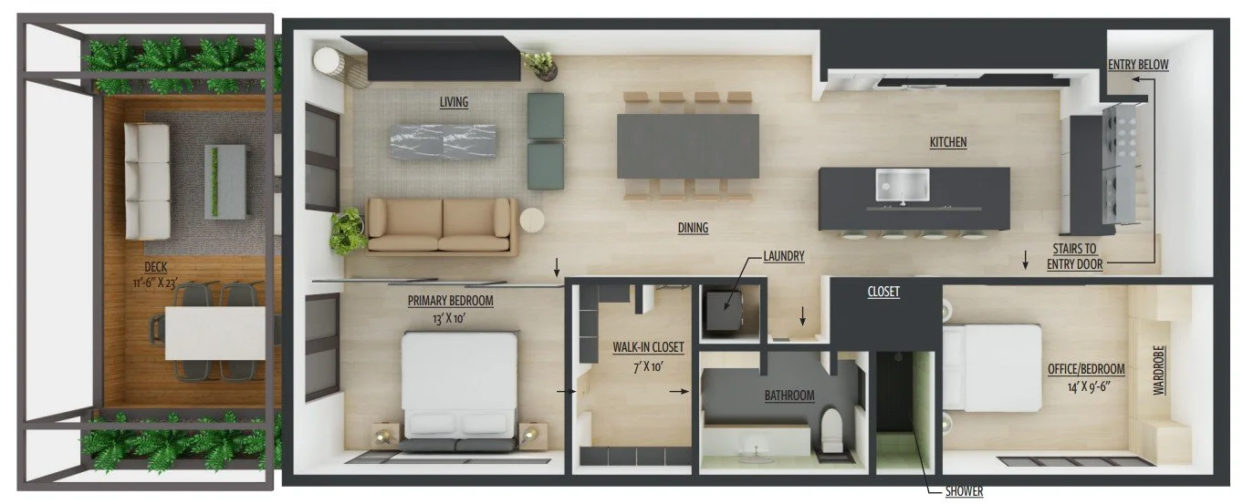 Floor plan of a modern apartment with living room, dining area, kitchen, primary bedroom, office/bedroom, bathroom, walk-in closet, laundry area, and an outdoor deck.