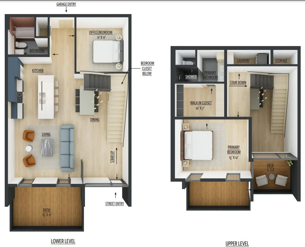 Floor plan of a two-story house. The lower level includes a garage entry, patio, living room, dining area, kitchen, bathroom, an office/bedroom, and stairs. The upper level has a primary bedroom with a deck, another bedroom with a walk-in closet, a p