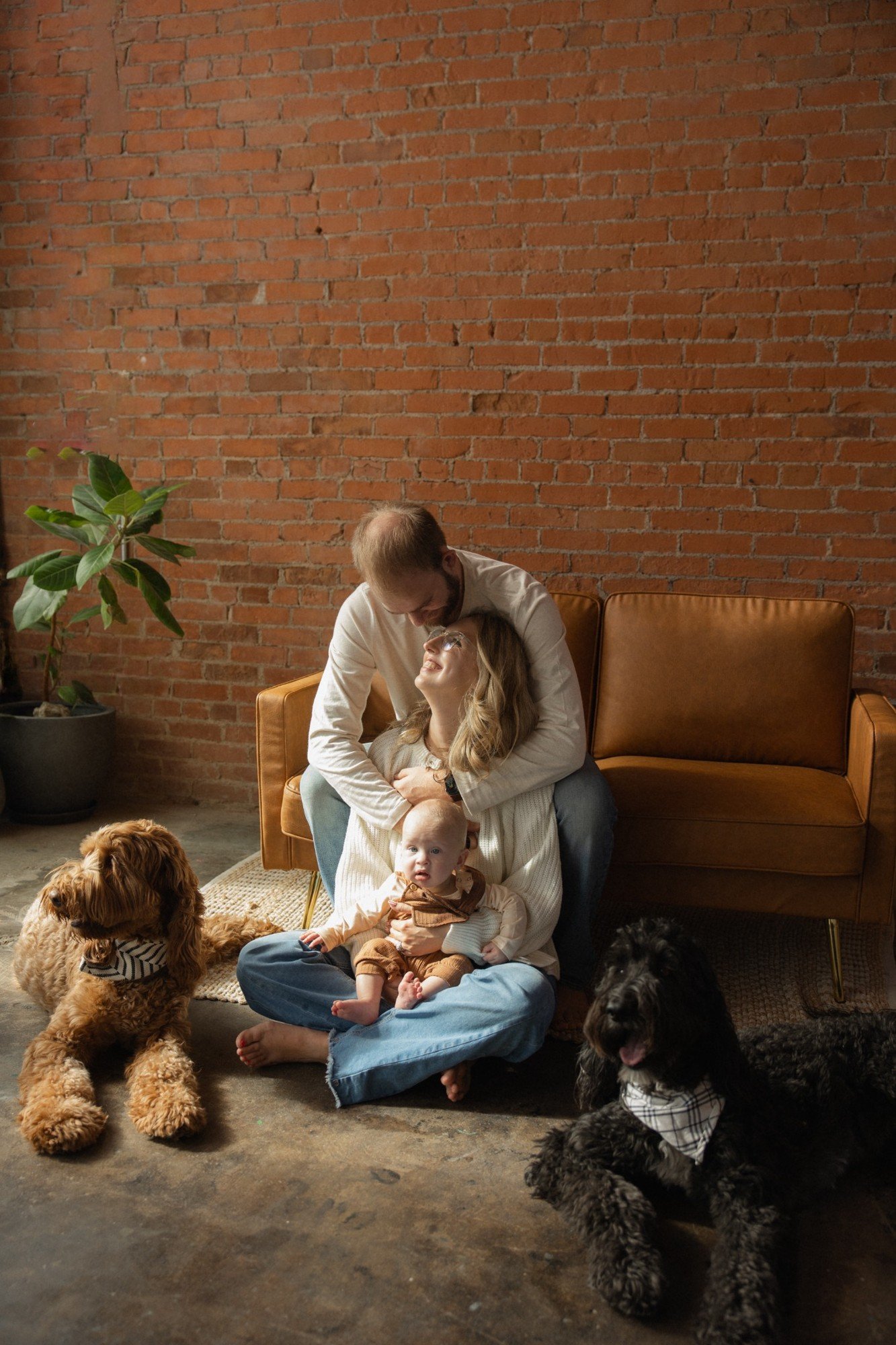 A happy family scene with a man, woman, two dogs, and a baby sitting on the floor in a cozy living room with a brick wall, leather couch, and potted plant.