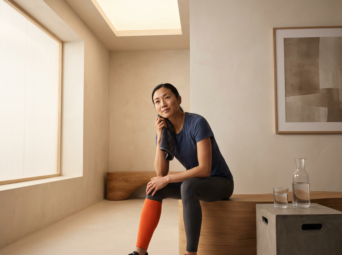 A woman sitting on a wooden bench in a minimalist room, holding a towel to her neck, with a large window, framed abstract art on the wall, and a concrete side table with a water pitcher and glass.