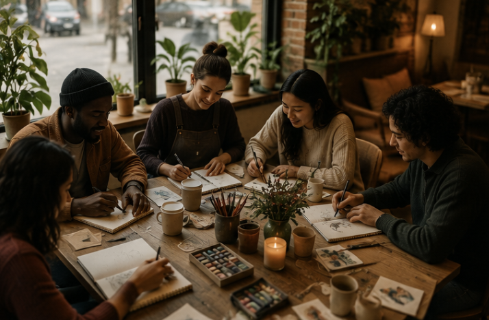 Group of five young adults sitting around a wooden table, drawing and sketching with art supplies in a cozy cafe.