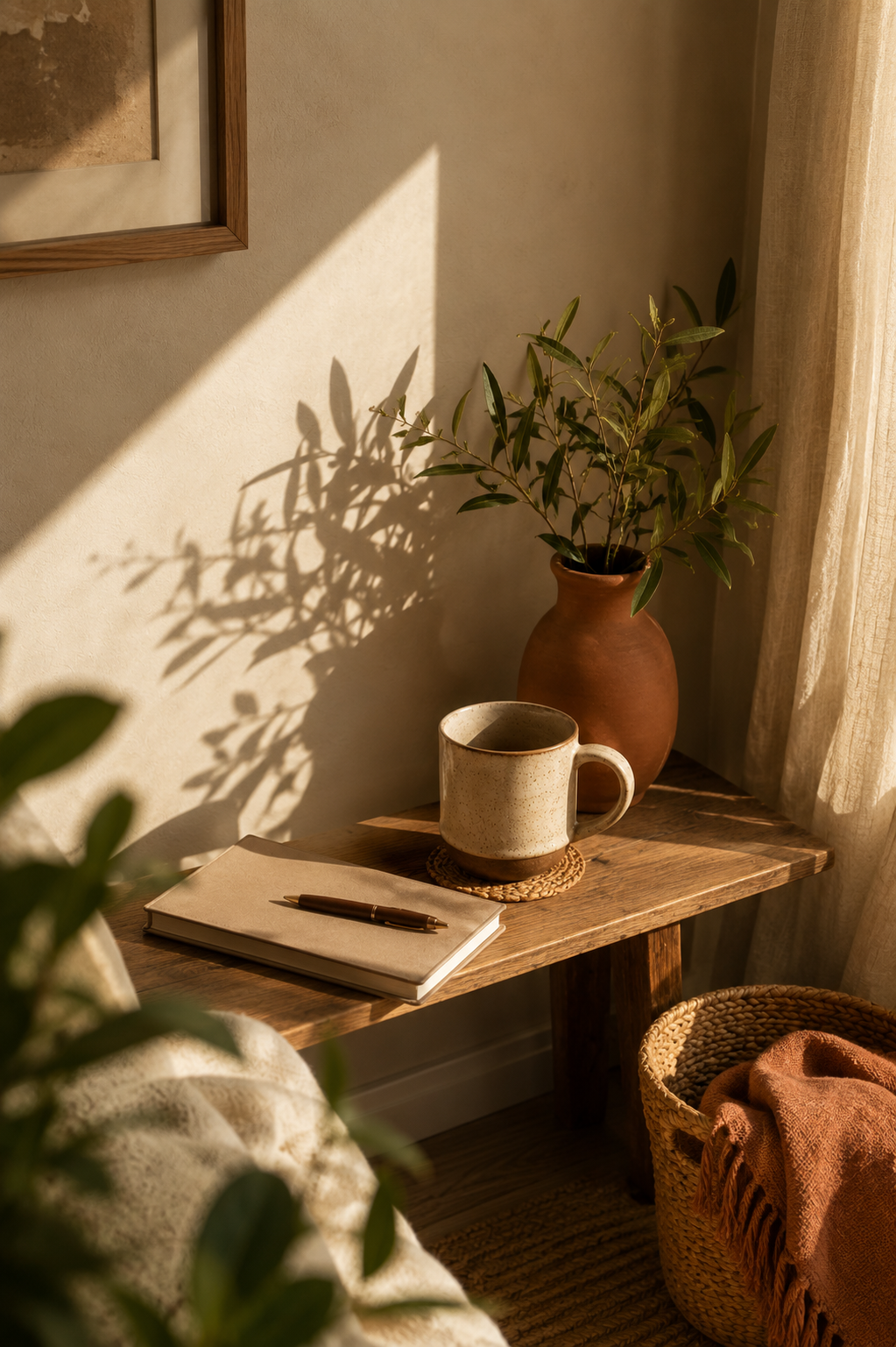 Sunlit corner with a wooden table holding a beige coffee mug, a closed notebook with a pen on top, and a woven placemat. A tall clay vase with green leaves casts a shadow on the wall. Next to the table is a wicker basket with a folded pink blanket, and cream-colored curtains partially cover the window, creating a cozy and warm atmosphere.