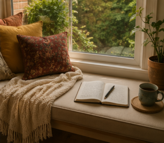 Cozy window seat with patterned pillows, a blanket, an open journal with a pen, a cup of coffee, and a potted plant outside the window.