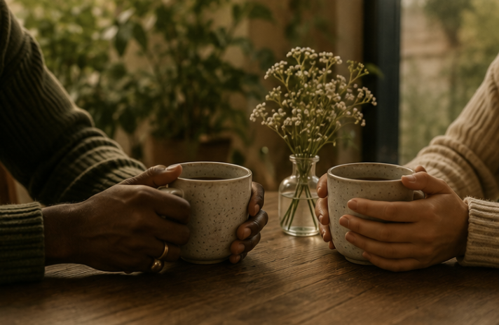 Two people holding ceramic mugs at a wooden table with a vase of white flowers, in a cozy indoor setting near a window with greenery outside.