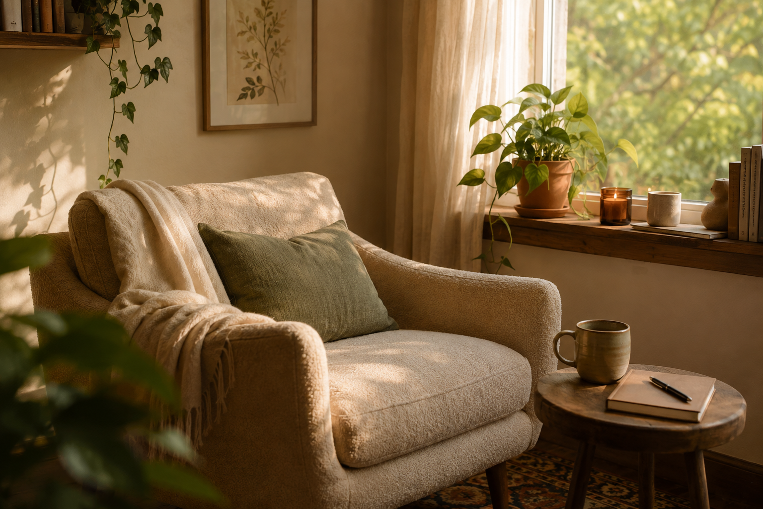 Cozy living room corner with a beige armchair, green pillow, wooden side table with a coffee mug and notebook, potted plant near the window, and sunlight streaming through curtains.