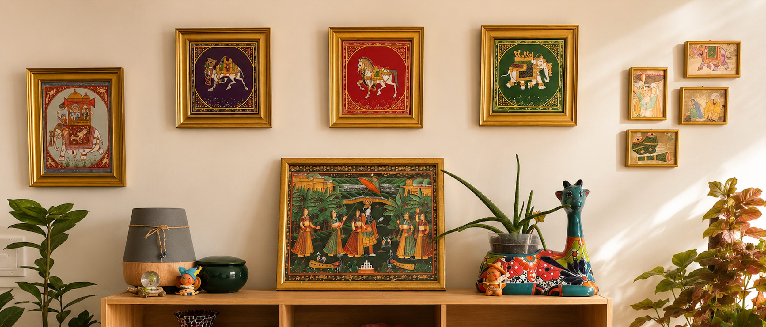 Decorative wall art featuring various colorful framed pictures, antiques, and potted plants on and around a wooden shelf in a well-lit room.