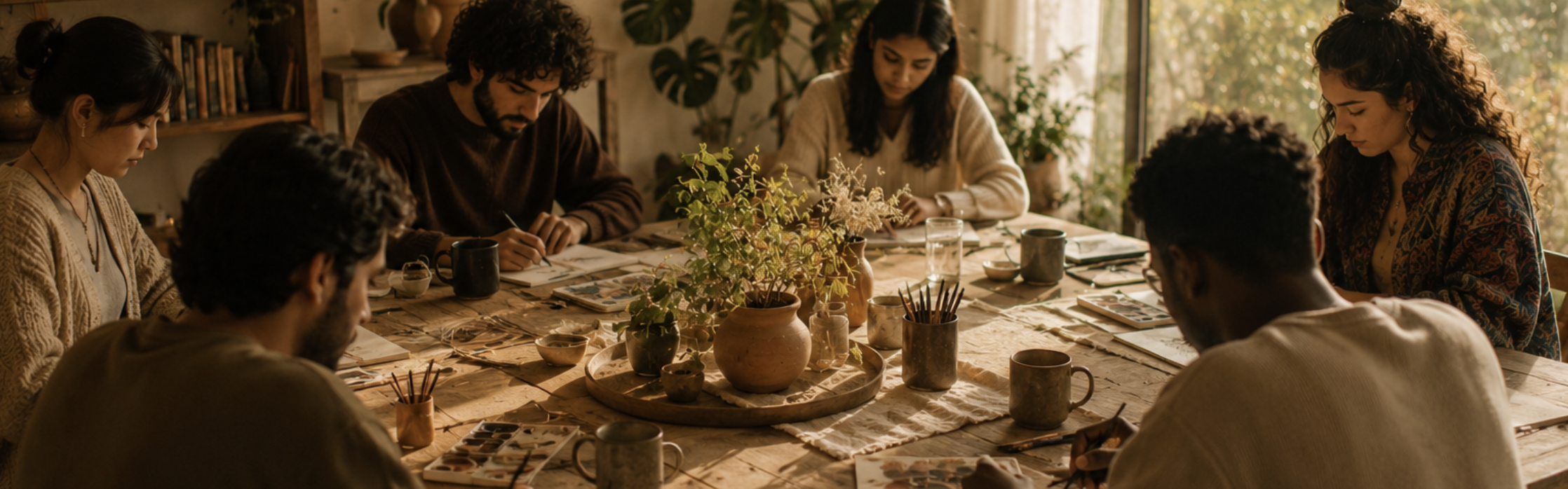 A group of people sitting around a wooden table engaging in a creative activity, possibly painting or drawing, in a cozy, sunlit room with plants and books.