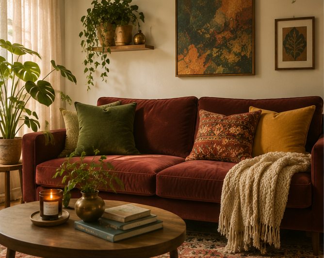 Cozy living room with a red velvet sofa, green and patterned throw pillows, a knitted throw blanket, a wooden coffee table with books, a candle, and a potted plant. Framed artwork decorates the wall.