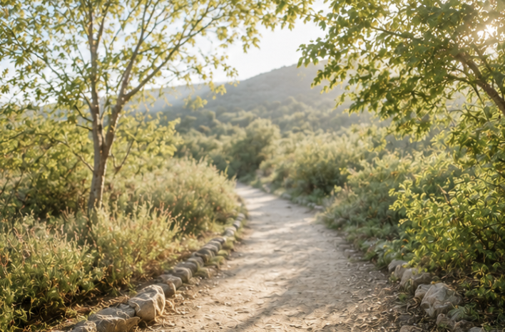 A dirt trail winding through green shrubbery and trees with sunlight filtering through, leading toward hills in the distance.