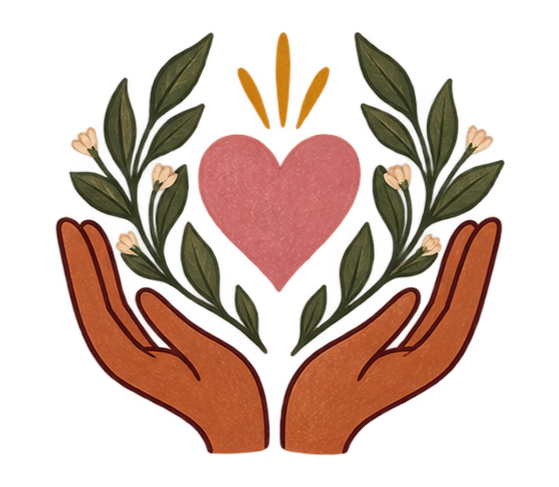 Two hands holding a pink heart with green leaves and white flowers surrounding it.