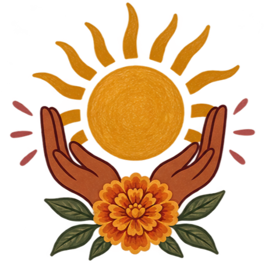 Illustration of two hands holding a sun with sun rays, surrounded by orange flowers and green leaves.