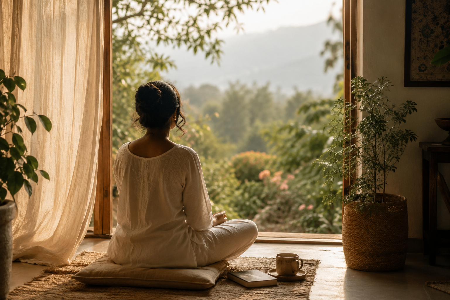 A woman sitting cross-legged on a cushion, facing an open window with curtains, overlooking greenery and mountains in the distance, with a mug, book, and plant nearby.