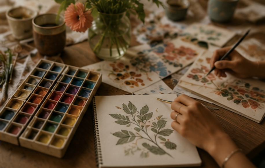Person painting botanical illustrations with watercolor on paper, surrounded by watercolor paints, brushes, and reference sheets on a wooden table, with a vase of flowers in the background.