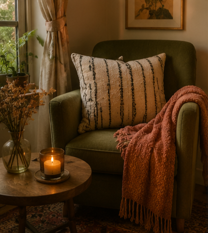 Cozy living room corner with a green armchair, decorative pillow, orange blanket, wooden side table with a candle and flowers, and a window with curtains.