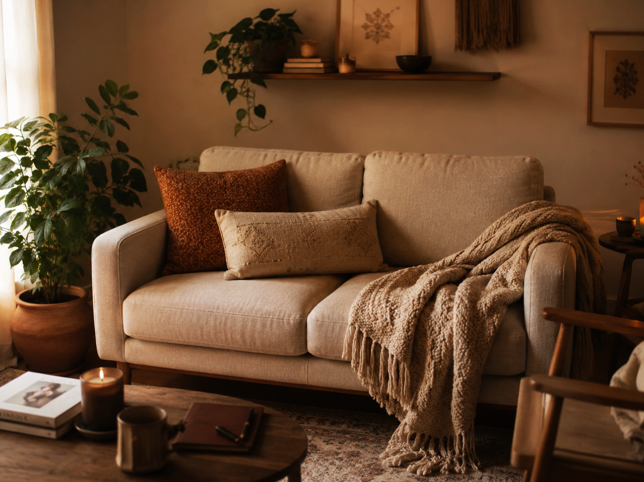 Cozy beige sofa with rust and cream pillows, beige knit throw blanket, near potted plant, side table with candles, textured wall art, warm ambient lighting.