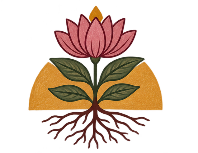 A lotus flower with green leaves and roots, over a triangle and orange background.