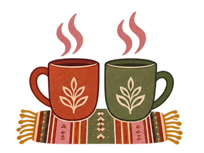 Two steaming mugs, one red and one green, with white leaf designs, placed on a colorful embroidered table runner.