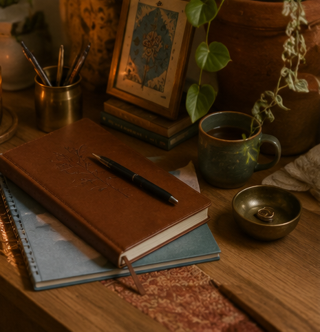 A wooden desk with a closed leather-bound journal, a pen, a blue notebook, and a tablet. There is a framed artwork, a potted plant, a cup of coffee, and a small dish with jewelry.