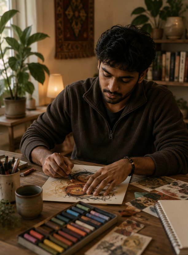 A man drawing a colorful portrait at a wooden table with art supplies in a cozy, well-decorated room.