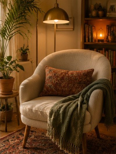Cozy living room corner with a beige armchair that has a decorative pillow and a green blanket, a tall plant, a floor lamp, and a bookshelf with books and a candle.