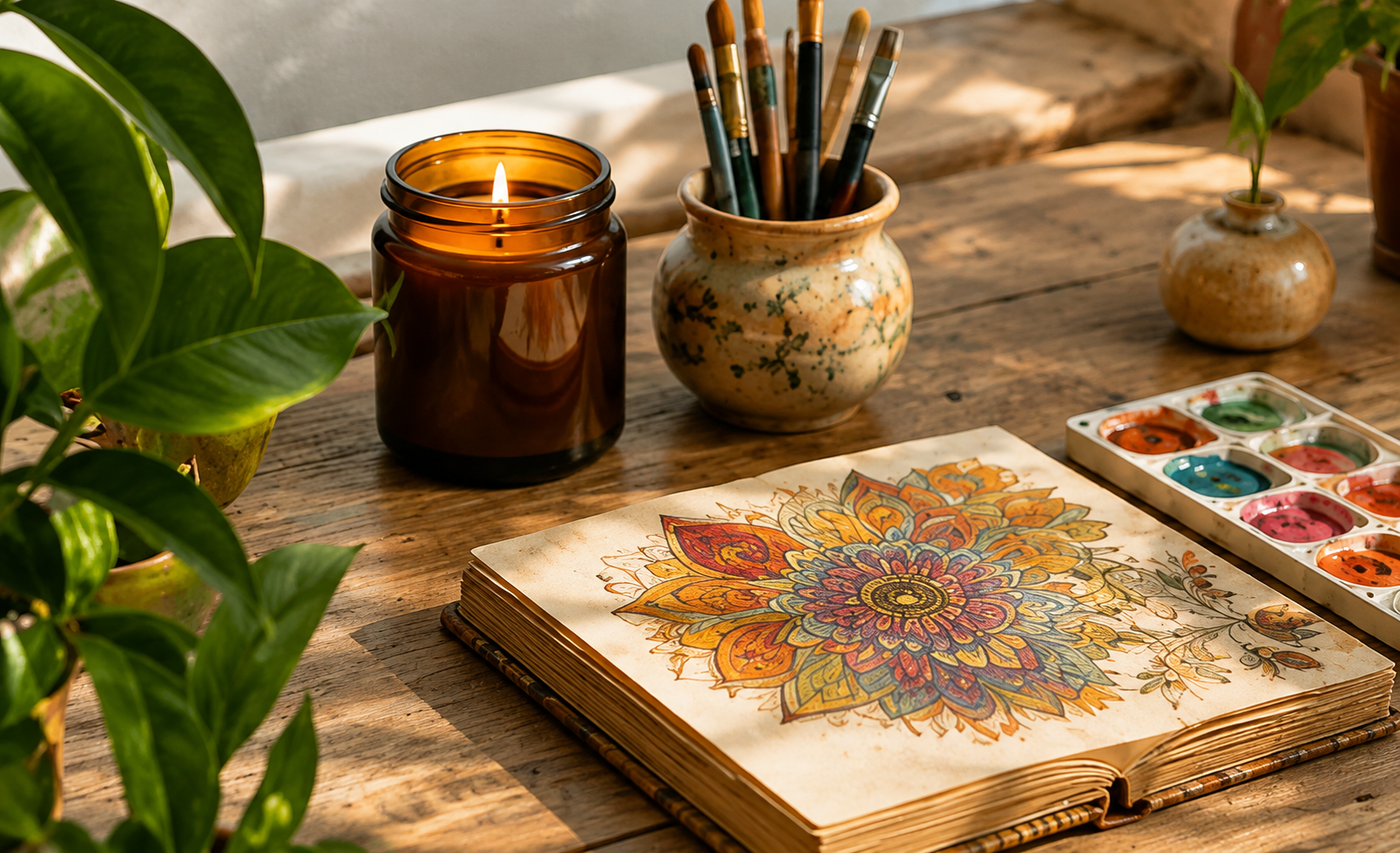 A wooden table holding an open coloring book with a floral mandala design, a watercolor palette with various colors, a lit amber candle, a ceramic jar filled with paintbrushes, a small round ceramic pot with a green plant, and a larger potted plant with green leaves.