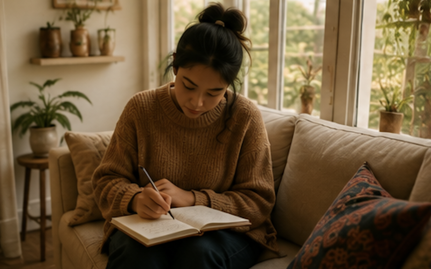 Young woman sitting on a beige couch, writing in a notebook near a large window with potted plants in the background.