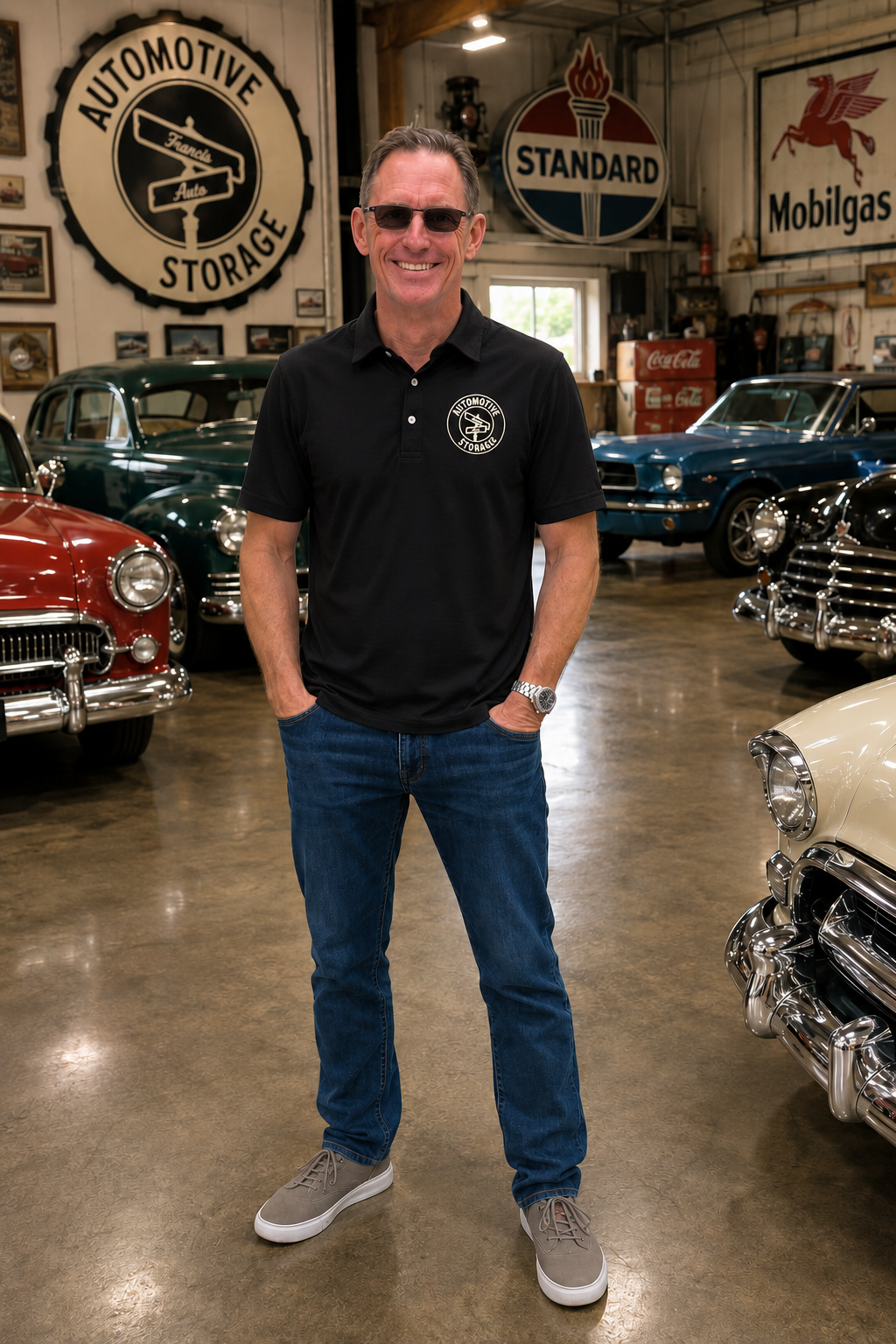 A smiling man stands inside a vintage car showroom, wearing sunglasses, a black polo shirt with a logo, jeans, and sneakers, surrounded by classic cars and automotive signs.